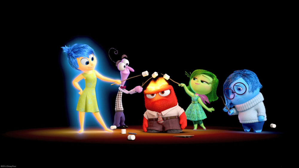 Обои для рабочего стола Персонажи мультфильма Головоломка, радость, страх, гнев, брезгливость, печаль, стоят на черном фоне