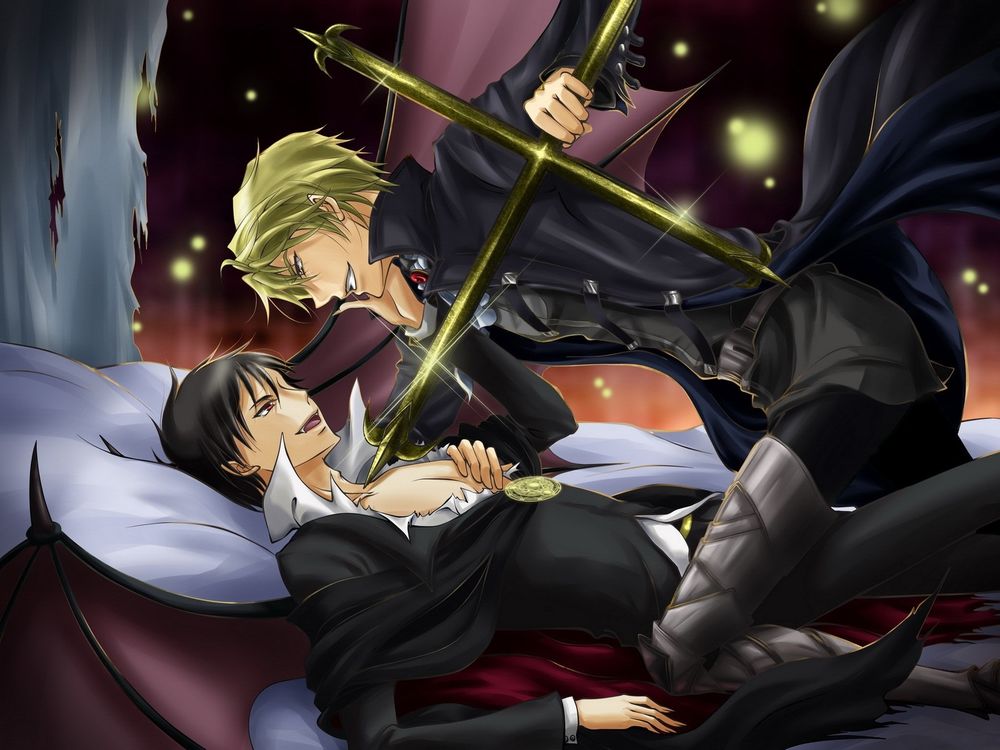 Обои для рабочего стола Orihara Izaya / Орихара Изая и Heiwajima Shizuo / Хэйваджима Шизуо в роли вампира и охотника, аниме Durarara / DRRR / Дюрарара / Всадник без головы