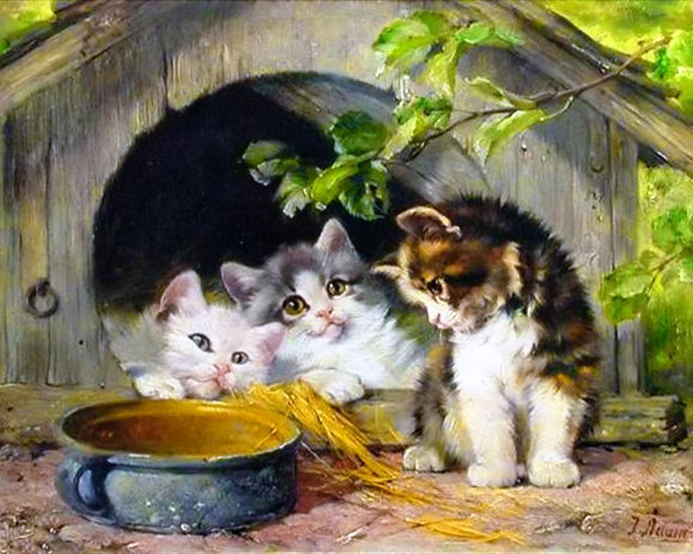 Обои для рабочего стола Рисунок трех милых котят, два лежат в собачьей будке, один смотрит на миску by Julius Adam