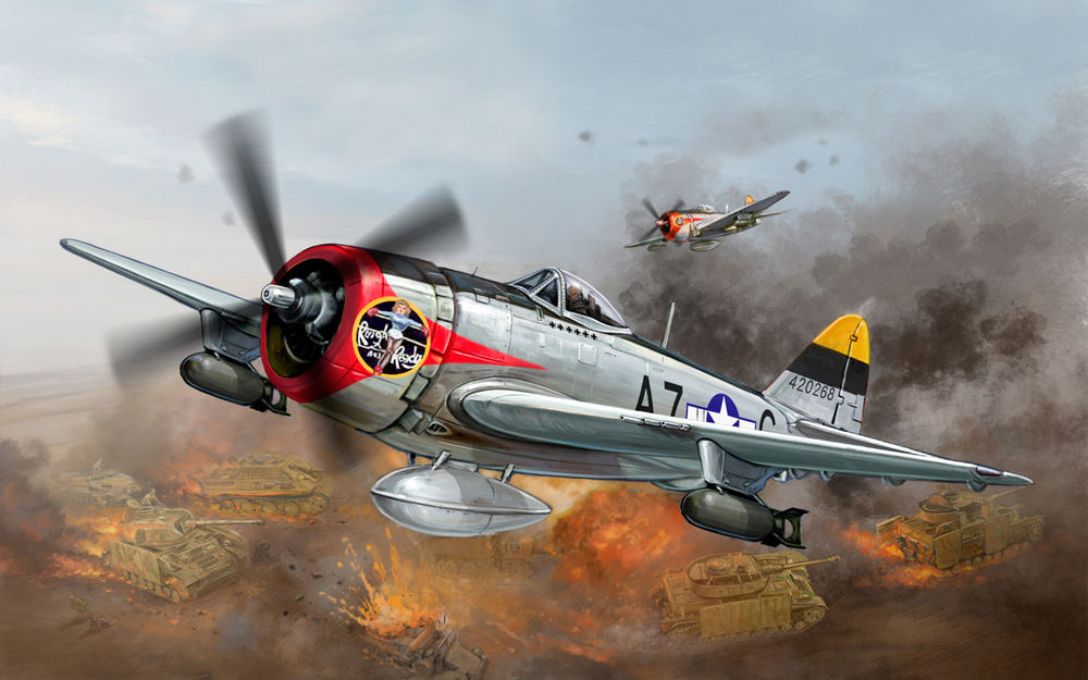 Обои для рабочего стола Истребитель Republic P-47 Thunderbolt летит над полем сражения
