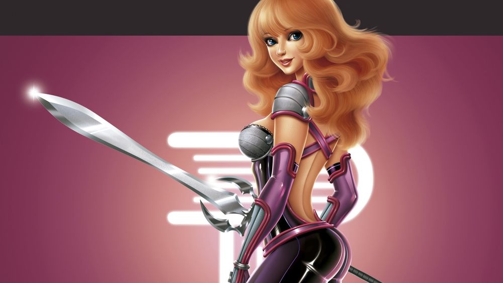 Обои для рабочего стола Девушка воин с мечом в руке стоит на розовом фоне
