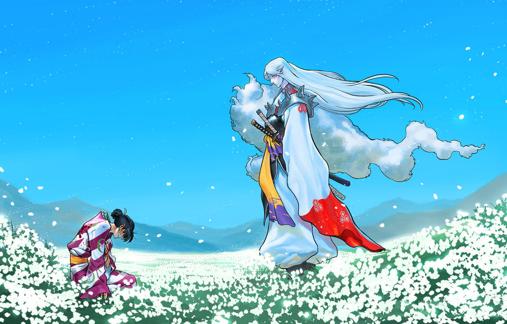 Обои для рабочего стола Rin / Рин и Sesshomaru / Сесшомару на цветущем лугу из аниме Инуяша / InuYasha
