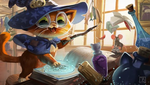Обои на рабочий стол Котенок-волшебник колдует, за ним наблюдают мыши, by Julia Blattman