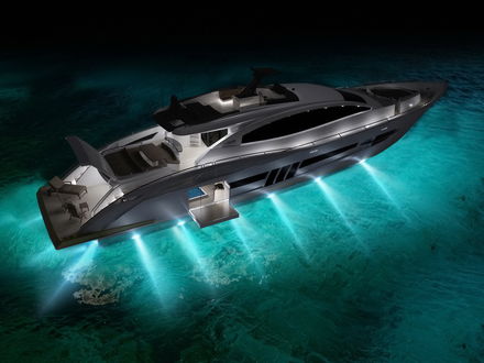 Обои на рабочий стол Яхта освещает дно моря