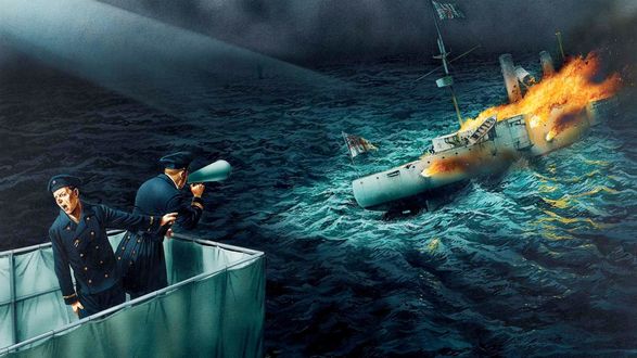 Обои на рабочий стол Люди заметили тонущий корабль с флагом