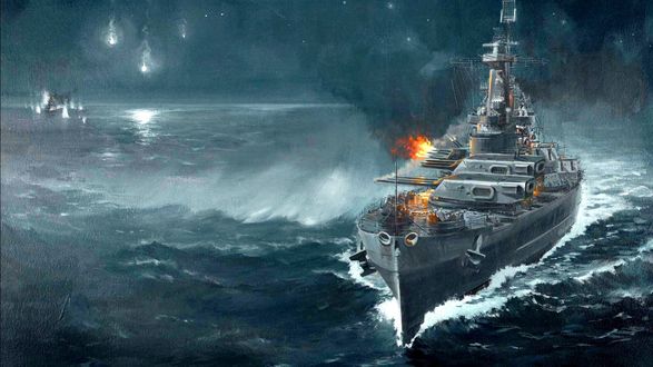 Обои на рабочий стол Ночной морской бой на корабле