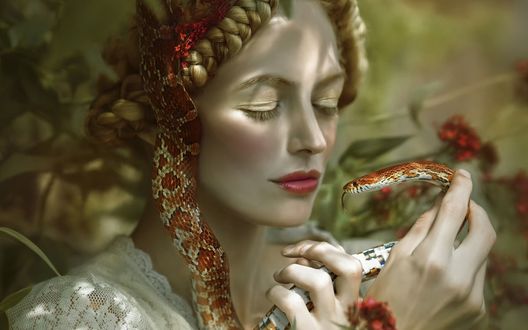 Обои на рабочий стол Девушка держит в руках змею, фотограф Agnieszka Lorek