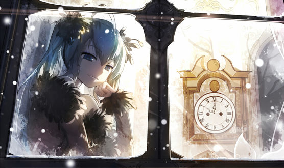 Обои на рабочий стол Vocaloid Miku Hatsune / Вокалоид Мику Хатсуне смотрит из окна