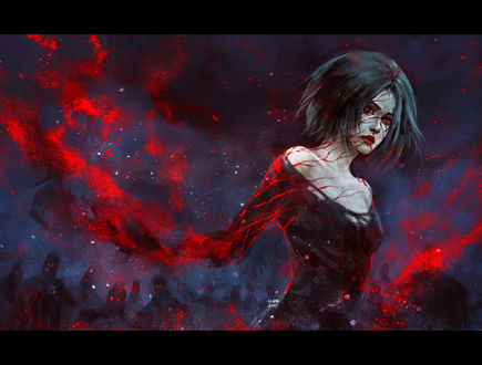 Обои на рабочий стол Девушка с красными глазами и толпа зомби, by NanFe