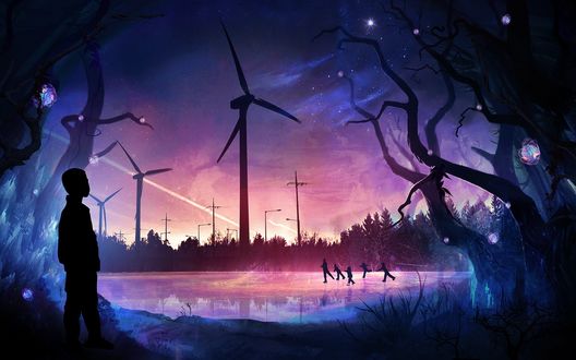 Обои на рабочий стол Мальчик из темного леса наблюдает за людьми катающимися на катке