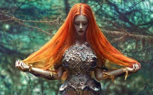 Обои на рабочий стол Девушка с длинными рыжими волосами, by Agnieszka Lorek