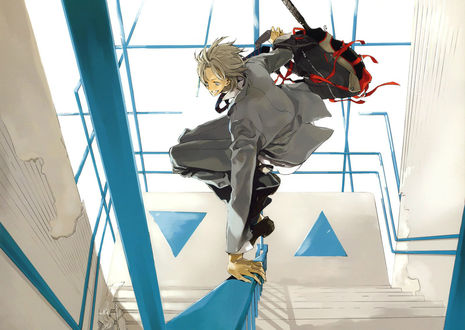 Обои на рабочий стол Kuranosuke Shiraishi с рюкзаком съезжает по перилам из аниме Prince of Tennis / Принц тенниса, art by Rihito Takarai