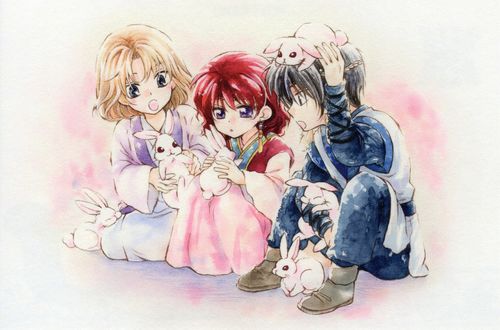 Обои на рабочий стол Yona, Hak и Soo-won играют с крольчатами из аниме Akatsuki no Yona / Рассвет Йоны, art by Mizuho Kusanagi