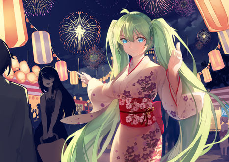 Обои на рабочий стол Vocaloid Hatsune Miku / Вокалоид Хатсуне Мику в кимоно на летнем фестивале фейерверков, art by Haraguroi You