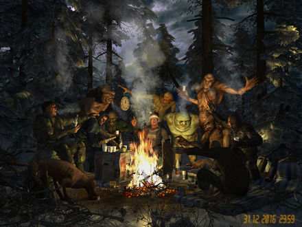 Обои на рабочий стол Персонажи из игры S. T. A. L. K. E. R. встречают новый год у костра