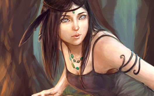 Обои на рабочий стол Темноволосая девушка в черном платье на фоне леса, by CharmaineCheese