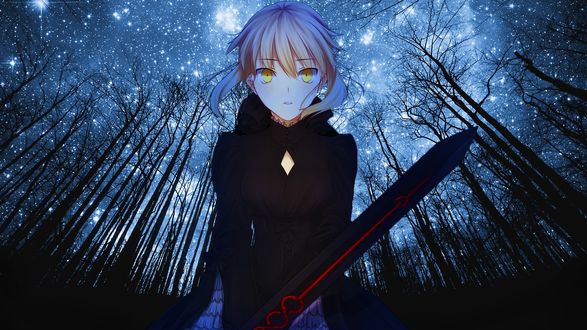 Обои на рабочий стол Сейбер Альтер / Saber Alter / Dark Saber из визуальной новеллы Судьба: Ночь схватки / Fate / stay night стоит с мечем в ночном лесу с голыми деревьями на фоне звездного неба