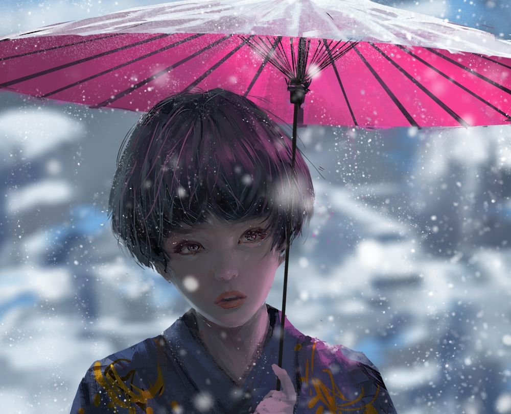 Обои для рабочего стола Девушка с розовым зонтом стоит под падающим снегом, by wlop