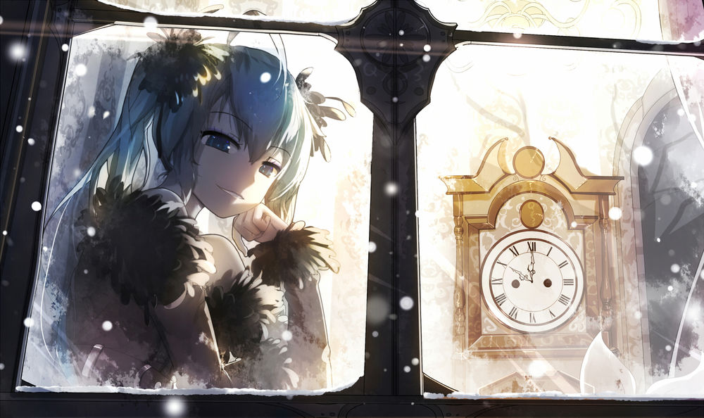 Обои для рабочего стола Vocaloid Miku Hatsune / Вокалоид Мику Хатсуне смотрит из окна