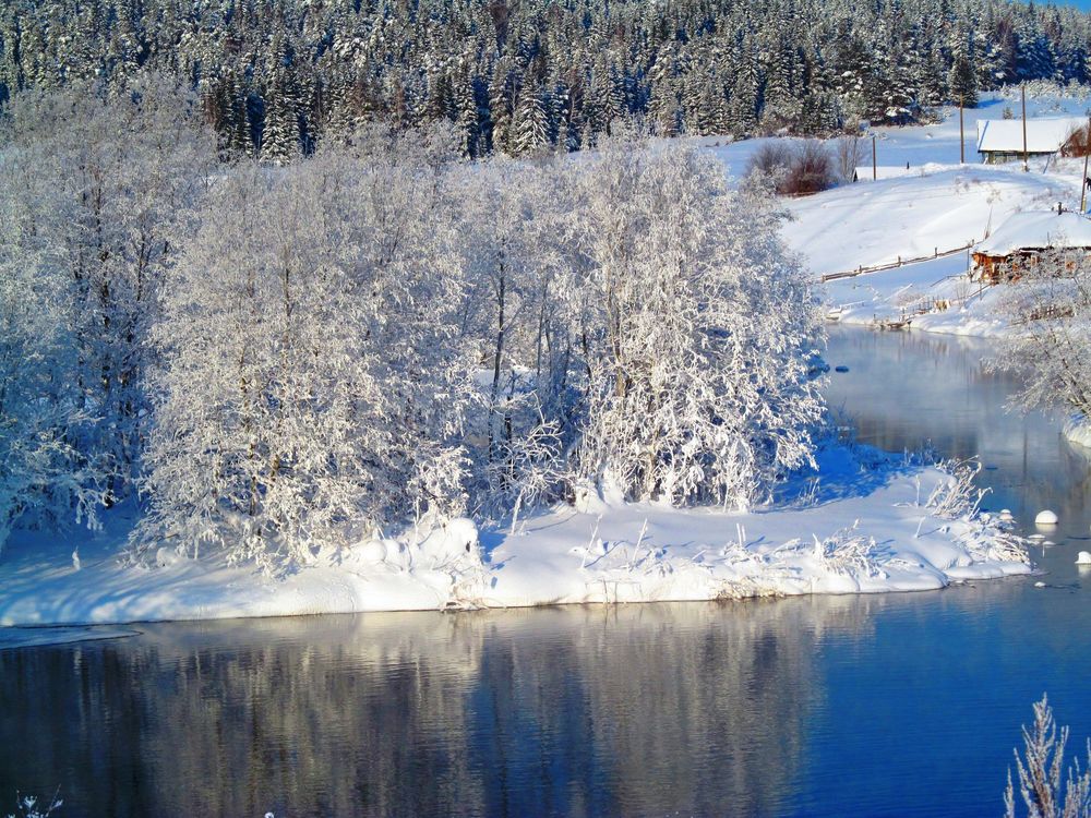 Обои для рабочего стола Вдоль заснеженных берегов реки стоят дома и деревья покрытые снегом