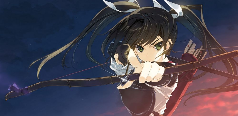 Обои для рабочего стола Zuikaku / Зуйкаку упражняется в стрельбе из лука, из игрыЗуйкаку и аниме Kantai Collection / Флотская Коллекция, art by Hakamura Takeshi