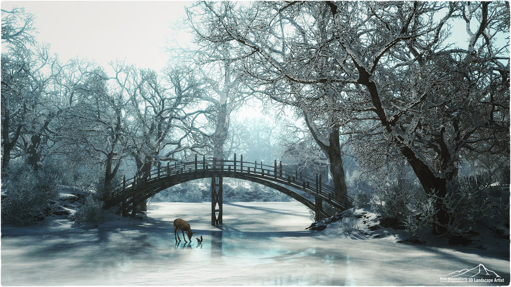 Обои для рабочего стола Белка и олененок на льду замерзшей реки, by 3DLandscapeArtist