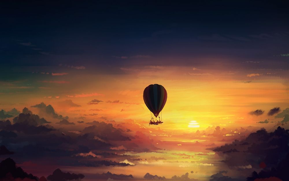 Обои для рабочего стола Воздушный шар летящий в небе на закате солнца, by alexiuss