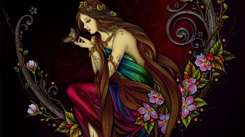 Обои для рабочего стола Красавица принцесса с длинными волосами держит на руке нежную бабочку