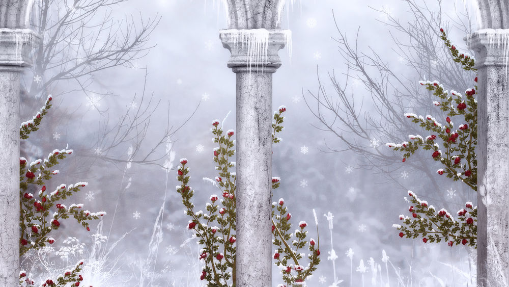 Обои для рабочего стола Зимний пейзаж - колонны с сосульками на фоне красивых кустов украшенных инеем