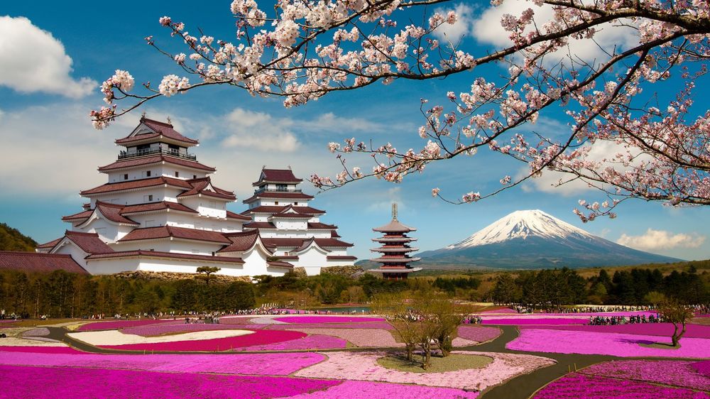 Обои для рабочего стола Императорский замок с цветущим садом и пагода, вдалеке вулкан Фудзияма, Япония