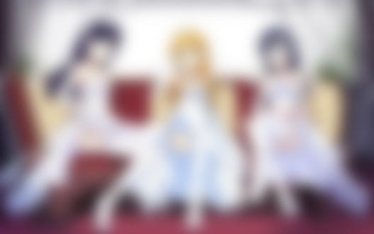Обои для рабочего стола Аясэ Арагаки / Aragaki Ayase, Кирино Косака / Kosaka Kirino и Mikishima Saori, из аниме Моя младшая сестра не может быть такой милой / Ore no Imouto ga Konna ni Kawaii Wake ga Nai сидят на диване в свадебных платьях, art by Hiro Kanzaki