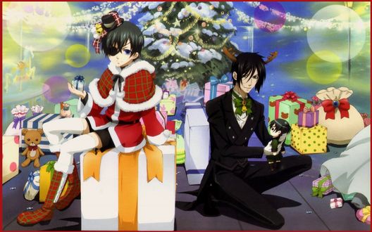 Обои на рабочий стол Ciel Phantomhive / Сиэль Фэнтомхайв и Sebastian Michaelis из аниме Темный дворецкий / Dark Butler / KuroShitsuji встречают Новый Год с нарядной елкой и кучей подарков, art by Yana Toboso