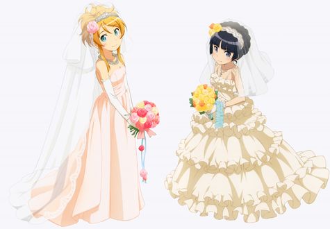 Обои на рабочий стол Ruri Gokou / Рури Гоко (Куронеко (Черная Кошка)) и Kirino Kousaka / Кирино Косака в свадебных нарядах с букетами из аниме Ore no Imouto ga Konna ni Kawaii Wake ga Nai / Моя младшая сестра не может быть такой милой, art by Sakura Ikeda