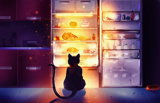 Обои на рабочий стол Кошка сидит перед открытым холодильником, by ryky