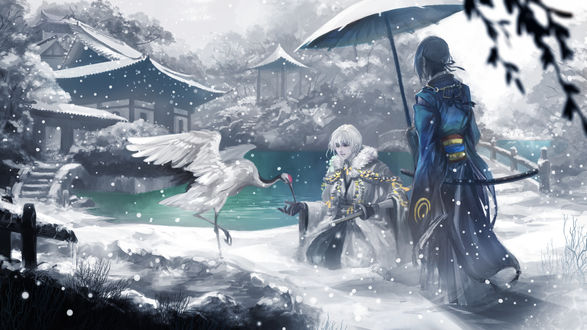 Обои на рабочий стол Mikazuki Munechika и Tsurumaru Kuninaga в зимнем японском саду кормят журавля, персонажи из аниме Touken Ranbu / Танец Мечей