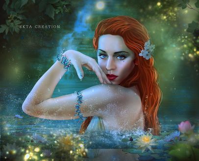Обои на рабочий стол Рыжеволосая девушка стоит в воде среди лотосов, by ektapinki