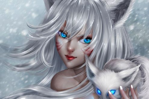 Обои на рабочий стол Snow Ahri / Cнежная Ари с лисенком, by ChubyMi