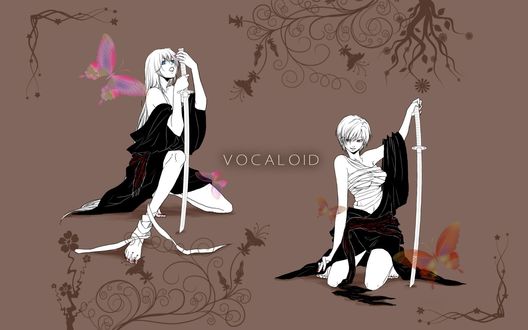 Обои на рабочий стол Vocaloid Hatsune Miku / Вокалоид Хатсуне Мику и Sakine Meiko держат катаны