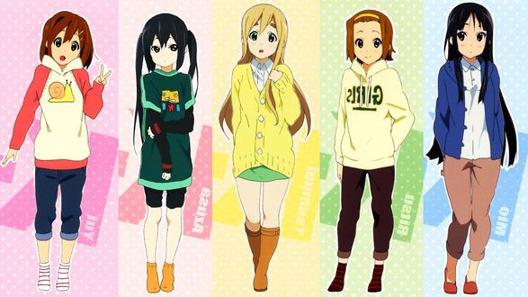 Обои на рабочий стол Юи Хирасава / Yui Hirasawa, Адзуса Накано / Azusa Nakano, Цумуги Котобуки / Tsumugi Kotobuki, Рицу Тайнака / Ritsu Tainaka, Мио Акияма / Mio Akiyama, аниме K-On!