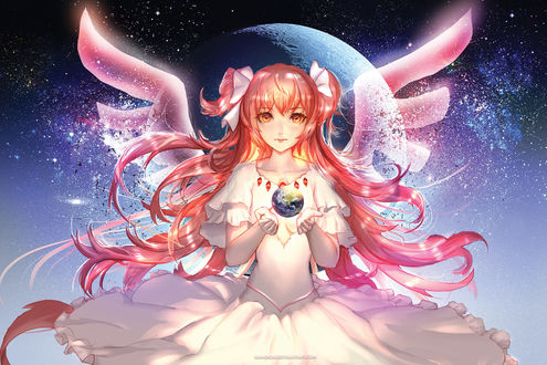 Обои на рабочий стол Madoka Kaname даржит в ладонях Земной шар из аниме Мадока девочка-волшебница / Mahou shoujo Madoka magica, by Sangrde