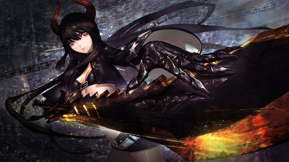Обои на рабочий стол Black Gold Saw / Черно-Золотая Пила с огромным мечом носящим имя King Saw в руках, персонаж из аниме Black Rock Shooter / Стрелок с Черной Скалы, art by Han-0v0
