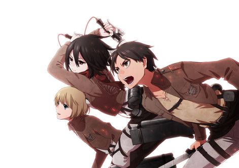 Обои на рабочий стол Атака Титана / Attack on Titan / Shingeki no Kyojin, Mikasa Ackerman, Eren Yeager и Armin Arlert атакуют с клинками на белом фоне