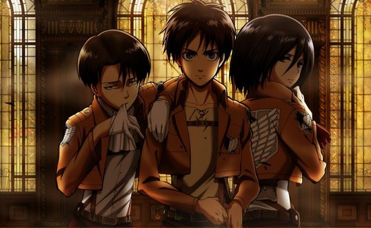 Обои на рабочий стол Eren Yeager, Mikasa Ackerman и Levi из аниме Атака Титана / Attack on Titan / Shingeki no Kyojin