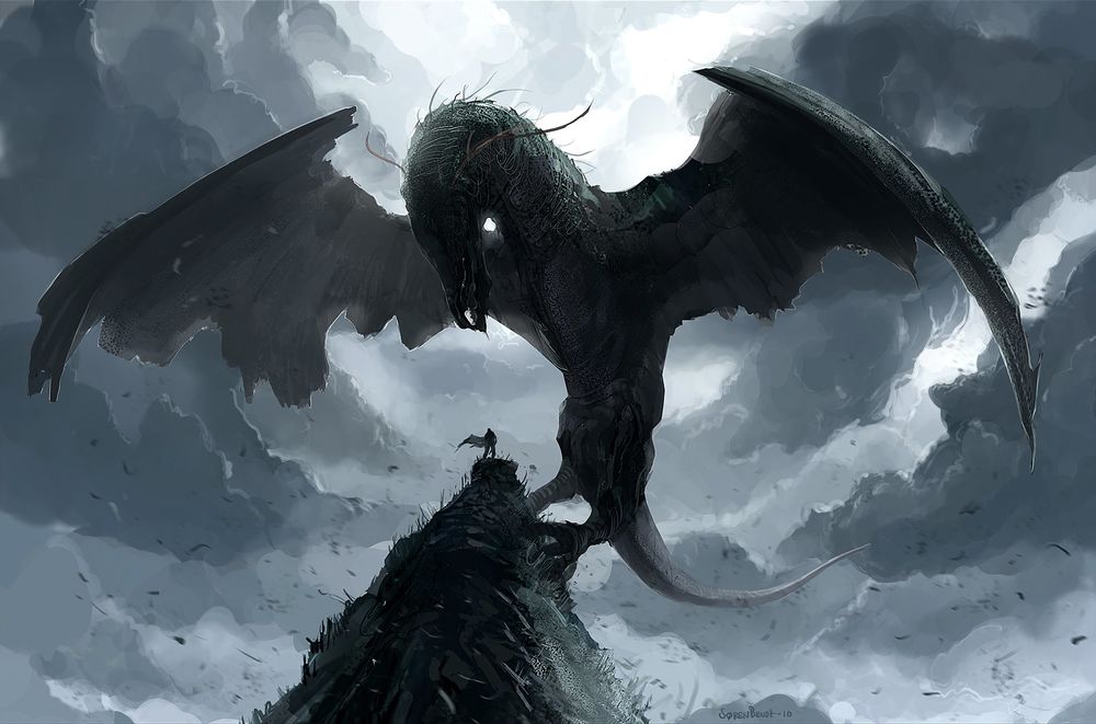 Обои для рабочего стола Огромный крылатый дракон смотрит на человека, стоящего на вершине скалы, на фоне мрачного неба
