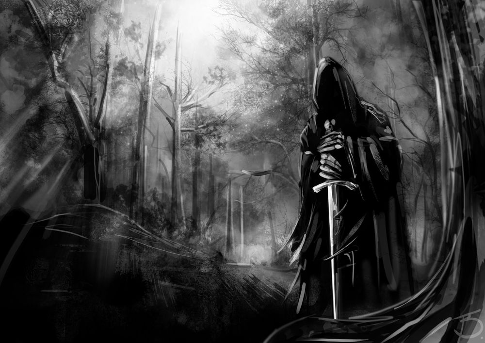 Обои для рабочего стола Черный рыцарь с мечем стоит по среди мрачного леса, Nazgul Ghost