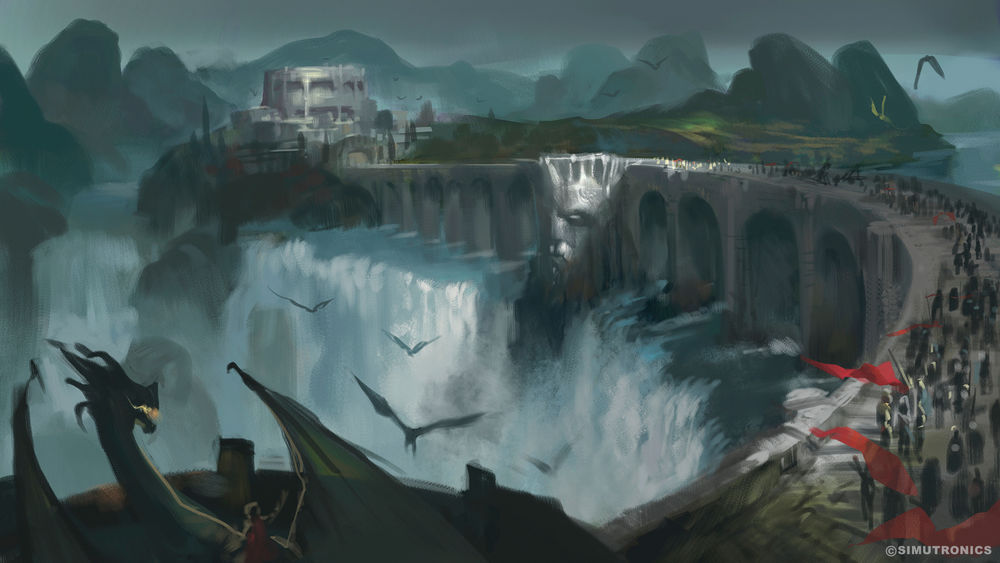 Обои для рабочего стола Воин, сидящий на крылатом драконе, наблюдает за армий рыцарей, идущей по мосту через водопад в крепость
