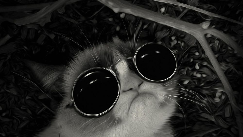 Обои для рабочего стола Grumpy Cat («Сердитый Котик»), настоящая кличка — Соус Тардар / Tardar Sauce/ — кошка, ставшая знаменитой благодаря необычной внешности, в темных круглых очках