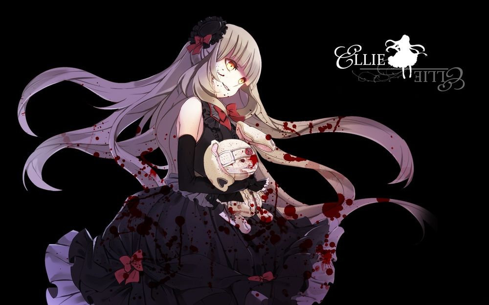Обои для рабочего стола Vocaloid Mayu / вокалоид Майю, запачканная кровью, держит в руках игрушечного зайца, art by Yuuki Kira
