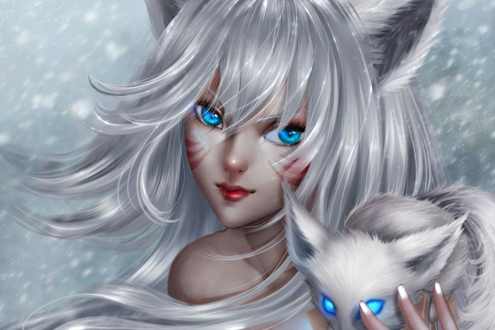 Обои для рабочего стола Snow Ahri / Cнежная Ари с лисенком, by ChubyMi