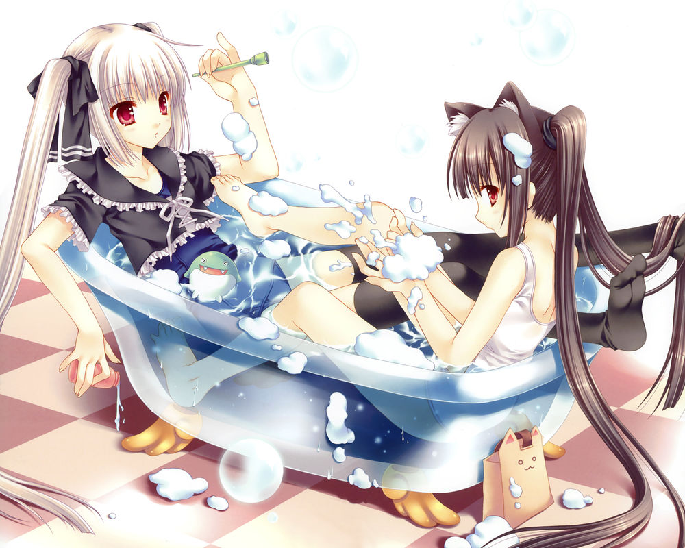 Обои для рабочего стола Две длинноволосые девочки сидят в ванне и пускают мыльные пузыри, art byTatekawa Mako